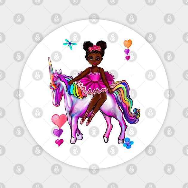 Princess on a unicorn cute black girl African American ballerina Magnet by Artonmytee